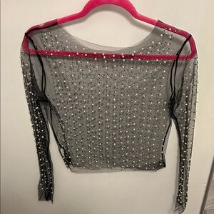 Black Sheer Pearl-Embellished Top